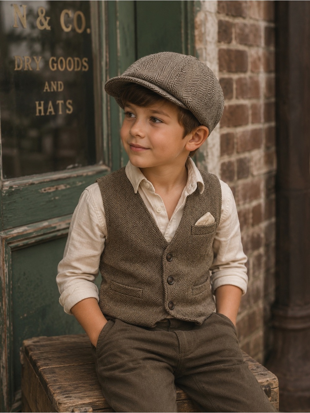 GAP Boys Brown Herringbone Newsboy Hat M/L 4-5 Years